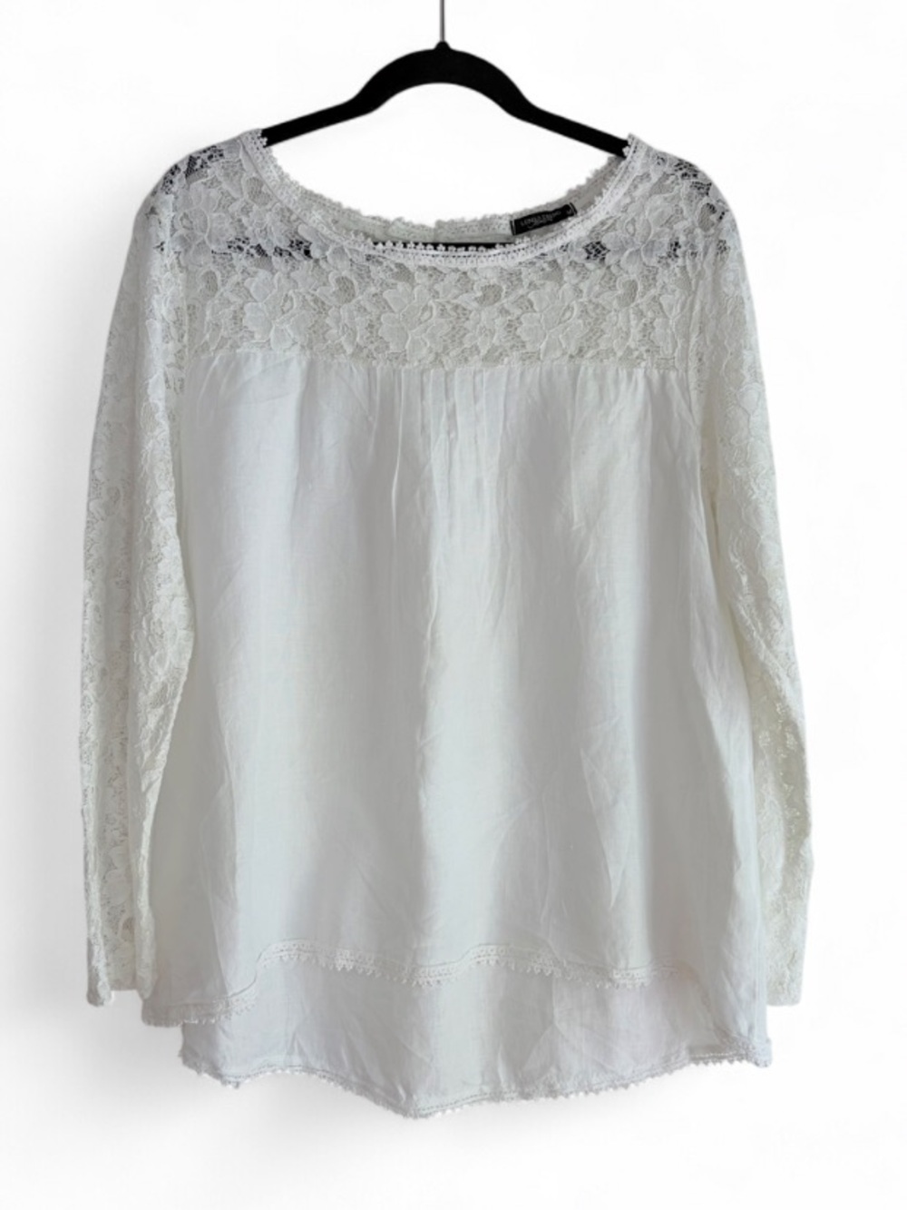 Lungo L'Arno 100% Linen White Lace Long Sleeve Blouse Size M